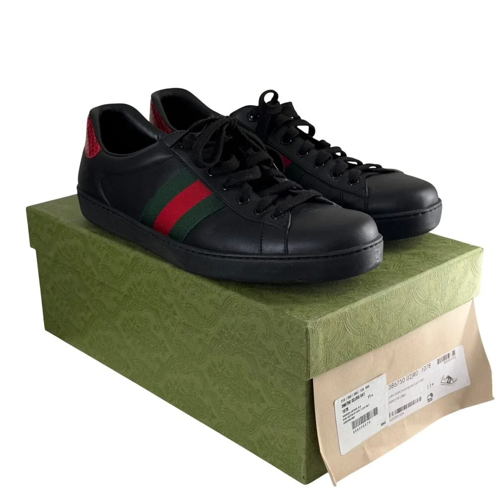 Gucci Ace Black Leather Web Stripe Sneakers Red Snakeskin Heel 386750 w/ Box